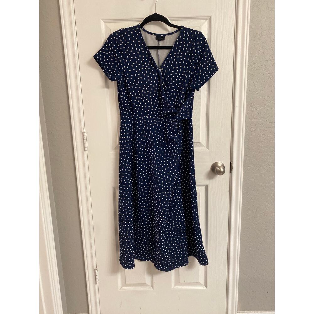 Office Wear Tacera Navy Blue Polka Dot Faux Wrap Midi Dress Size M V-Neck